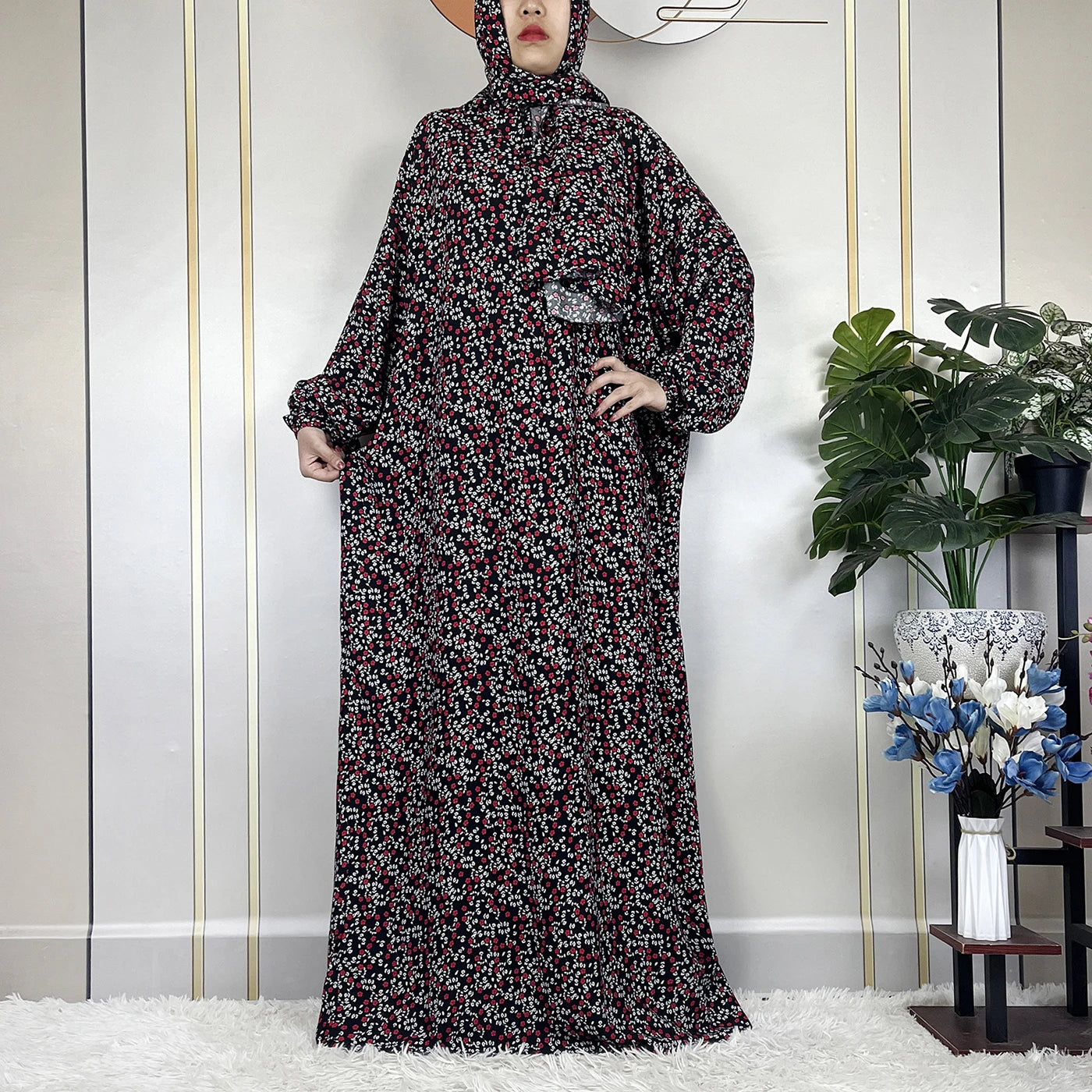 2024Latest Muslim Abayas For Women Ramadan Prayer Maxi Dubai Turkey Femme Cotton Robe Floral Loose African Dress Turban Attached