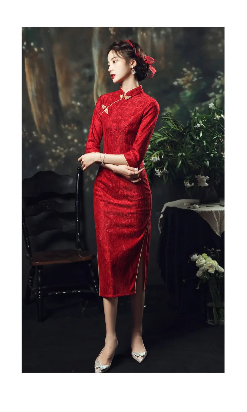 Chinese Style Long Dress Red  Slim Cheongsam Qipao Dress Wedding Party Hanfu Summer Lace - Seprincess