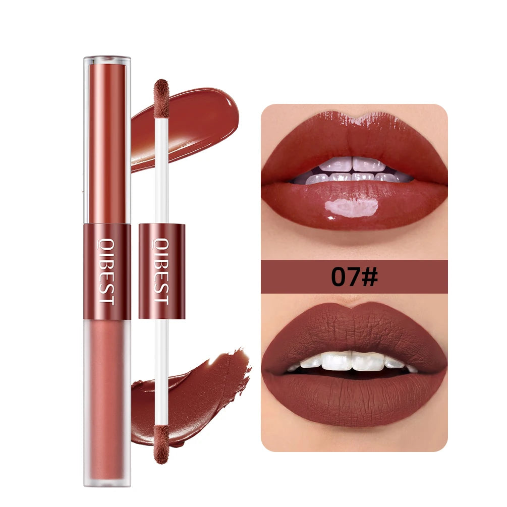 QIBEST 2023 New Double Head Matte Velvet Liquid Lipstick Waterproof Double End Mirror Lip Glaze Moisture Lip Makeup 2 In 1 Stick