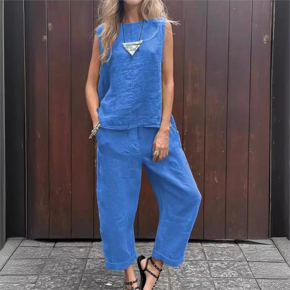 Spring Summer New Solid Color Sleeveless Cotton And Linen Women's Suit Simple Fashion Pocket Casual Long Pants Female 2piece Set - Seprincess