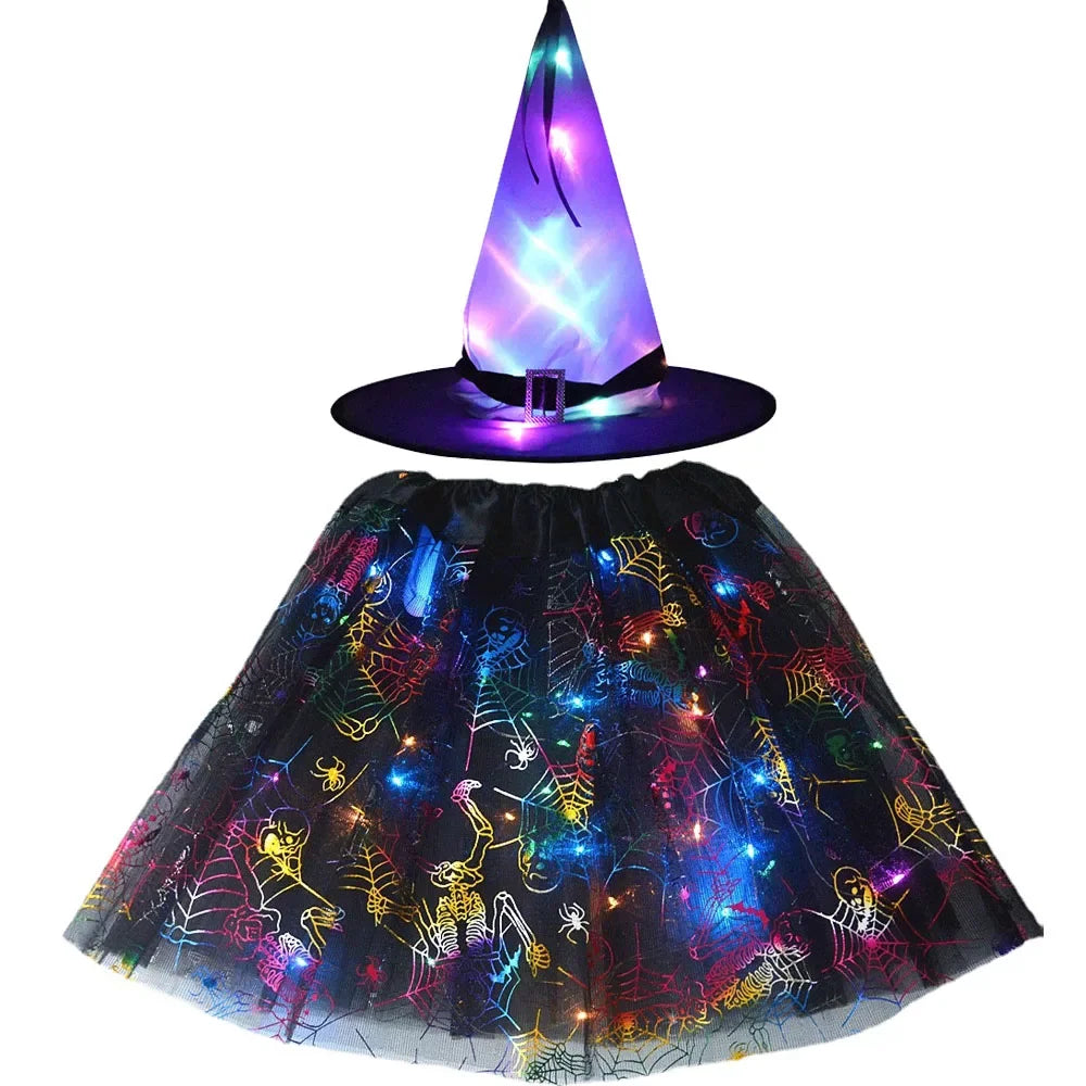 Women Kids Girl Luminous LED Glow Light Up Elf Witch Hat Star Skirt Spider Web Tutu Wizard Costume Party Gift Halloween Festival - Seprincess