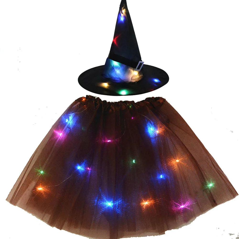 Women Kids Girl Luminous LED Glow Light Up Elf Witch Hat Star Skirt Spider Web Tutu Wizard Costume Party Gift Halloween Festival - Seprincess