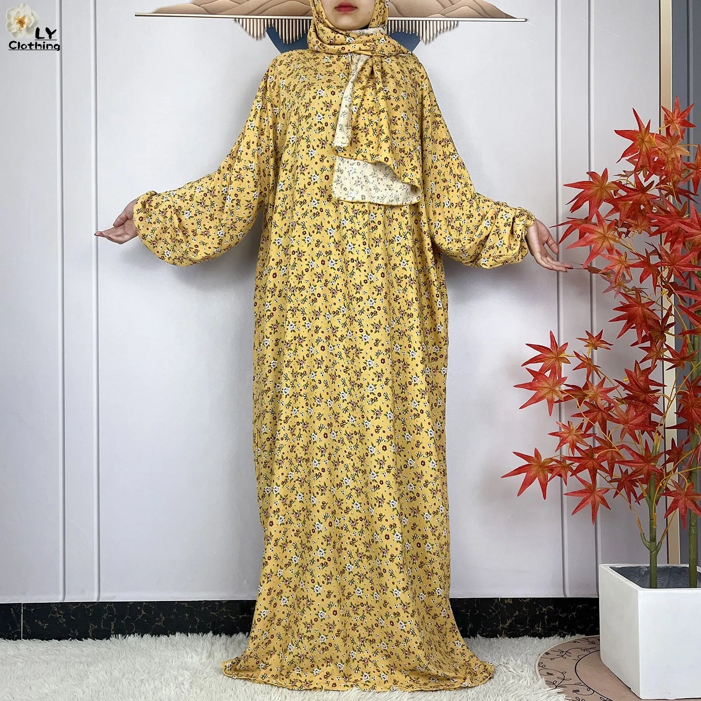 2024Latest Muslim Abayas For Women Ramadan Prayer Maxi Dubai Turkey Femme Cotton Robe Floral Loose African Dress Turban Attached