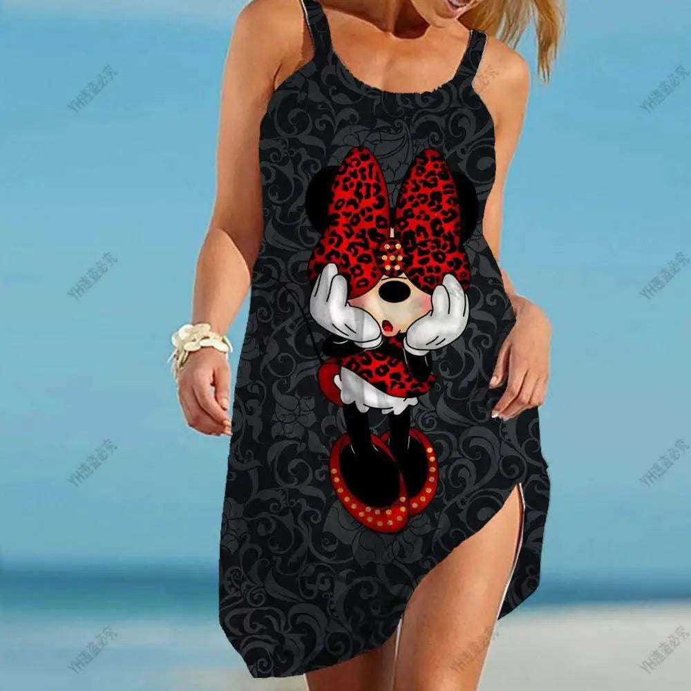 Minnie Mouse Elegant Dresses For Women Woman 2024 Disney Beach Dress Mickey Dress Fashion Top Print Casual Loose Oversized Dyr - Seprincess