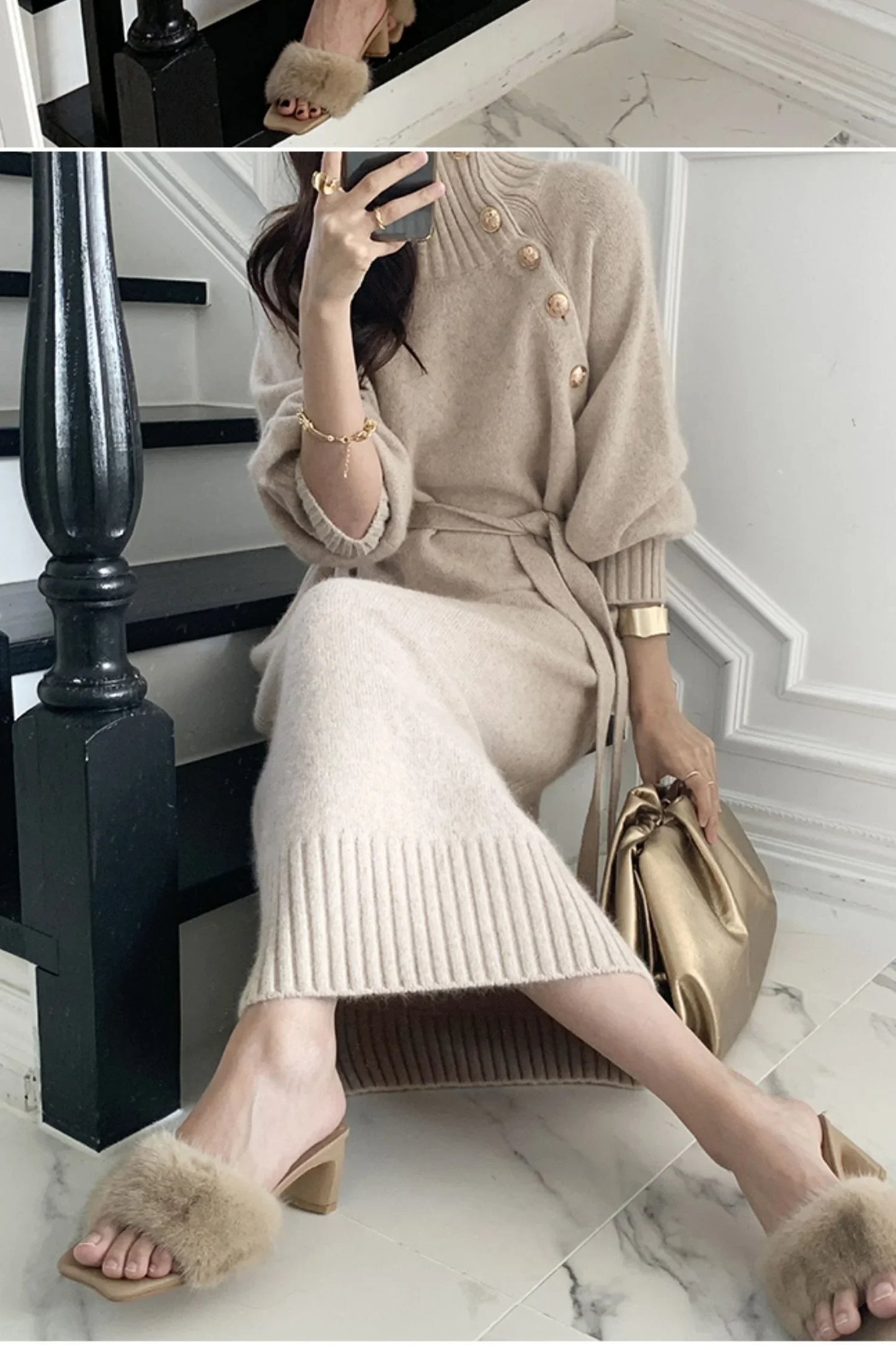 Winter Turtleneck Buttons Women Knitted Dress Elegant Full Sleeve Lace-up Female Thicken Long Dress for Sweater Autumn New - Seprincess