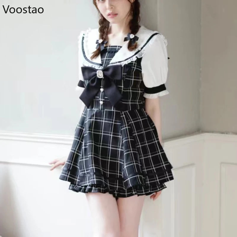 Japanese Gothic Y2k Lolita Plaid Dress Shorts Set Women Sweet Bow Sailor Collar Puff Sleeve Party Dresses Female A-Line Dress - Seprincess