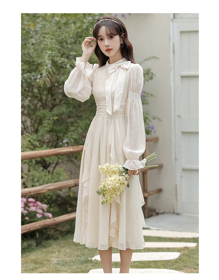 Autumn Chiffon Midi Dresses for Women O-neck Bow Flare Sleeve High Waist Ruffles A-line Princess Party Dress Vestidos Mujer New - Seprincess