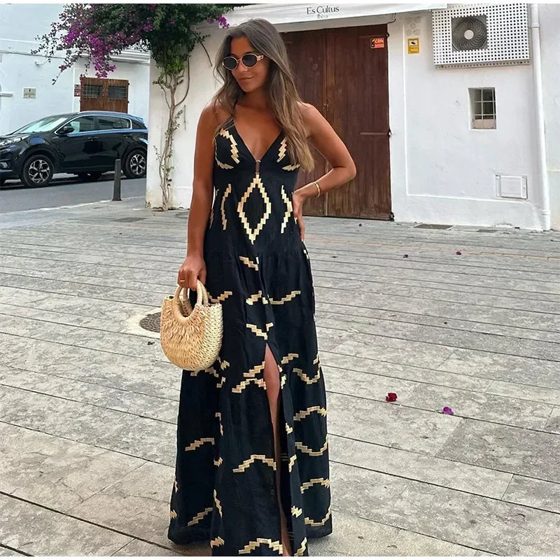 Women Sexy V-neck High Waist Backless Split Long Dress Fashion Printed Sleeveless Loose Vestidos 2024 Summer Lady Vocation Robes - Seprincess