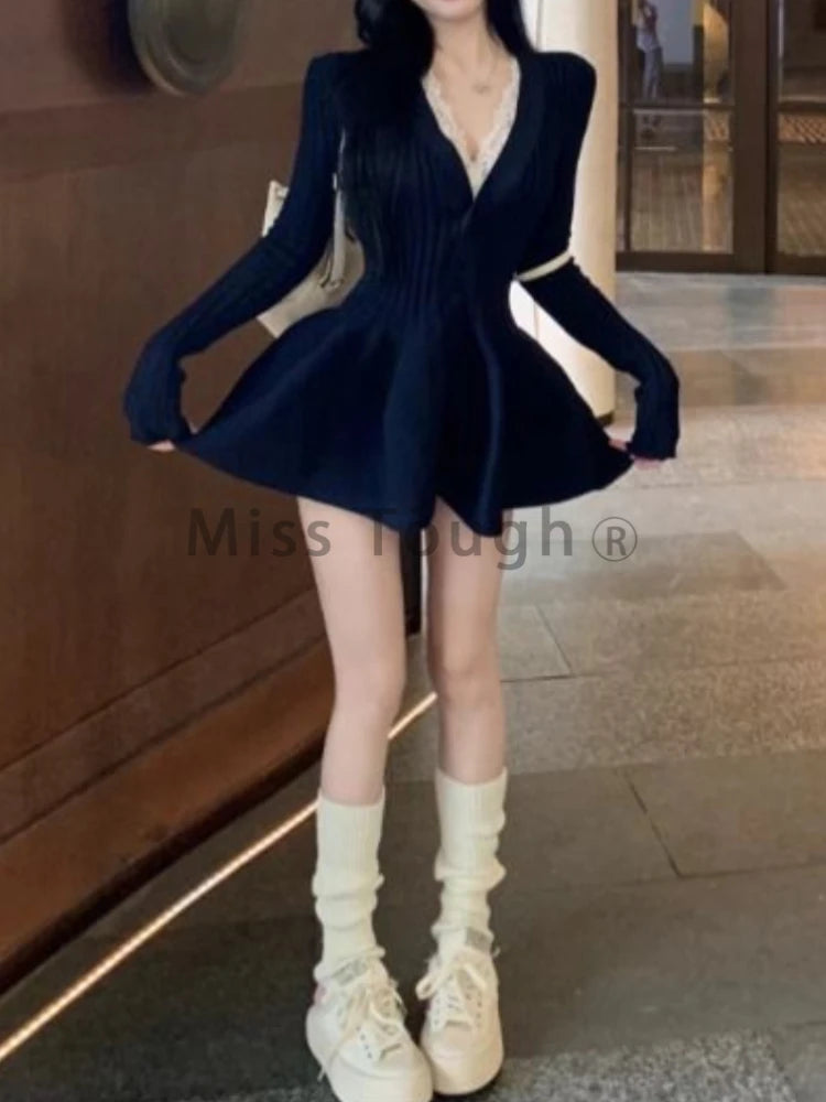 Winter Korean Fashion V Neck Knit Dress Women Designer Sweet Slim Sweater Dresses Female Retro Solid Y2k Knitted Dress New 2024 - Seprincess