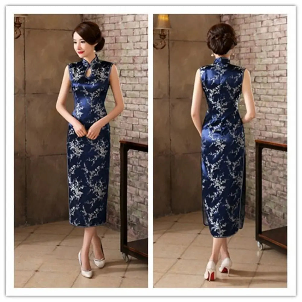 Floral Print Cheongsam Dresses Mandarin Collar Vintage Bodycon Dresses Maxi Chinese Style Chinese Qipao Evening Dress - Seprincess