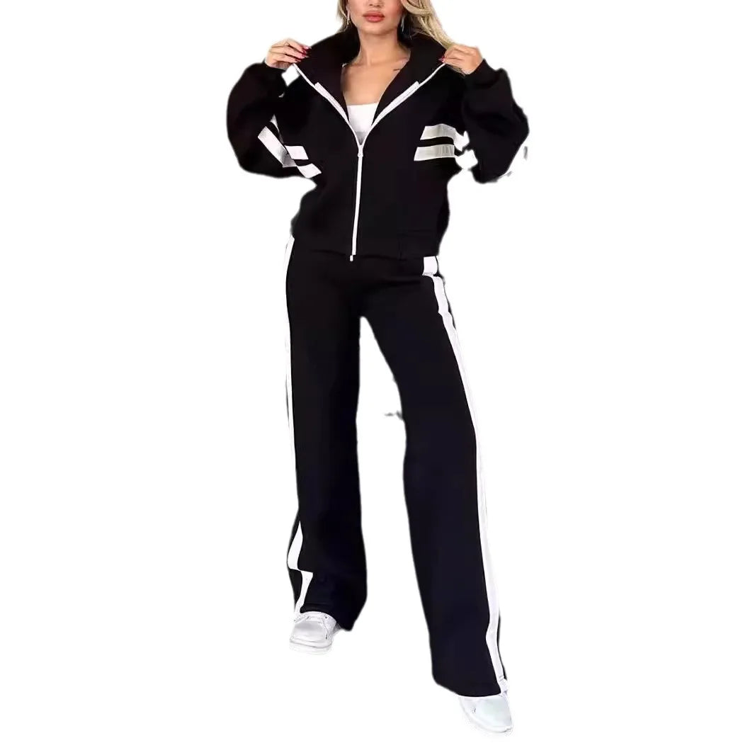 Y2K Striped Zipper Coat+sweatpants Two Piece Set Women Casual Batwing Sleeve Sports Jacket Outfits Autumn Winter Sweatshirt Suit - Seprincess