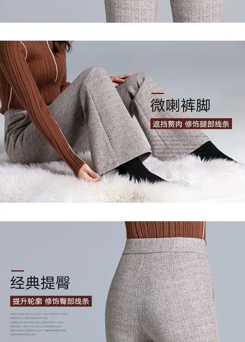 Office Lady Fashion Thicken Wool Flare Pants Autumn Winter New Korean Slim High Waist Wide Leg Women Solid Casual Suits Trousers