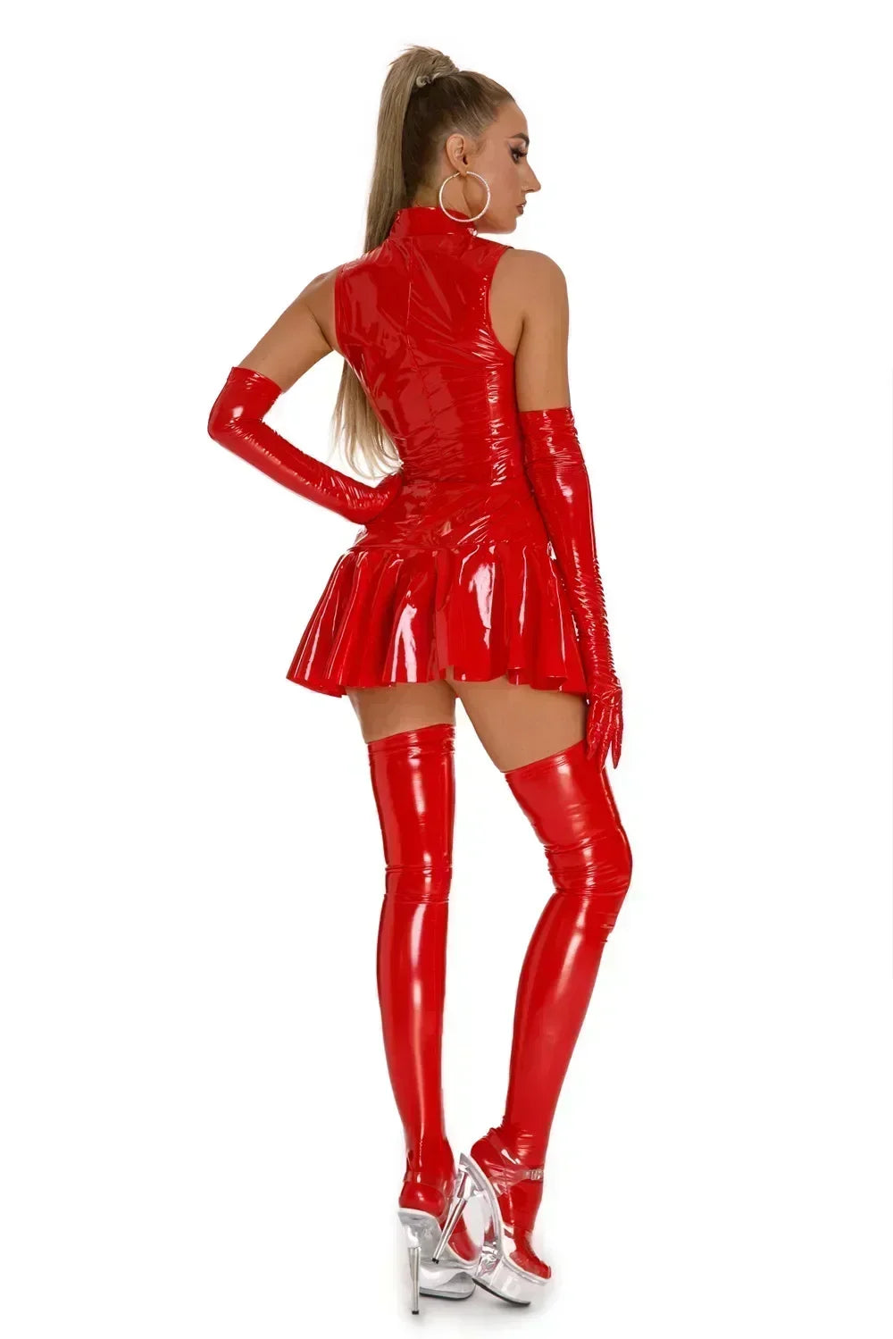 Female Red Glossy Leather Sheath Umbrella Dress Erotic Shiny Latex Bodycon Zipper Wetlook PU Pleated Dress Pluse Size Sexi