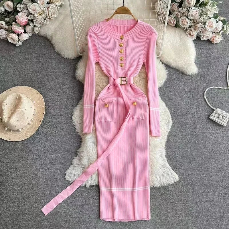 Autumn Winter Women Knitted Dress Brand Fashion O-neck Buttons Bodycon Sweater Dress with Belt Lady Office Dress - Seprincess