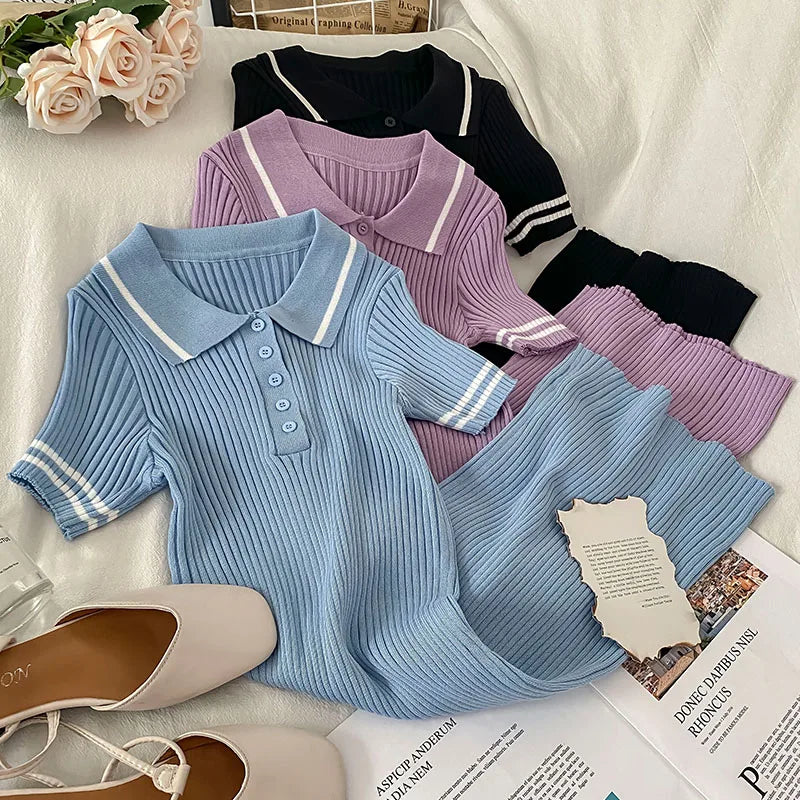 Lapel Knitted Dress Elastic Slim Soft Mini Dresses 2021 Solid Color Casual Simple Girl College Style Sweet  Bottoming Base Dress - Seprincess