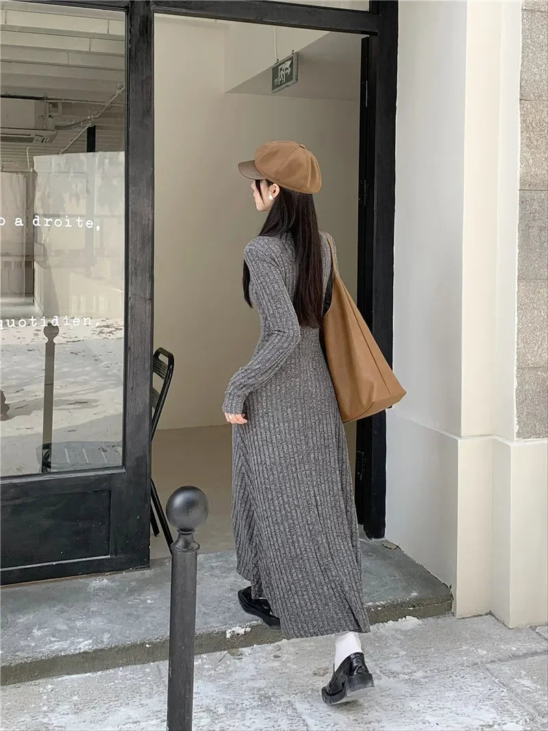 Vintage Versatile Knitted Long Sleeve Dress Women's Slimming A- line Skirt Autumn/winter Waist-fitted Long Dress