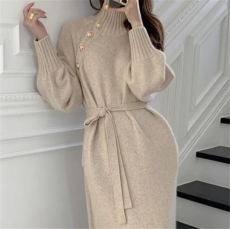 Winter Turtleneck Buttons Women Knitted Dress Elegant Full Sleeve Lace-up Female Thicken Long Dress for Sweater Autumn New - Seprincess