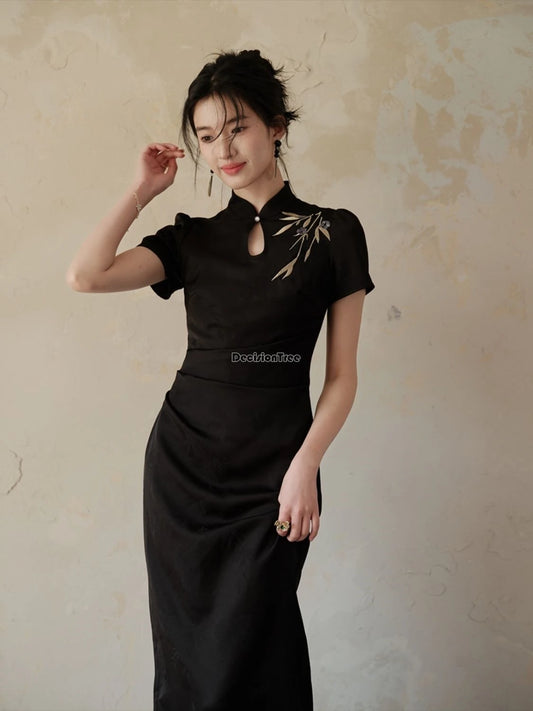 2024 simple elegant daily chinese qipao dress ethnic solid color handmade embroidery cheongsam new vintage slim fitting dress - Seprincess