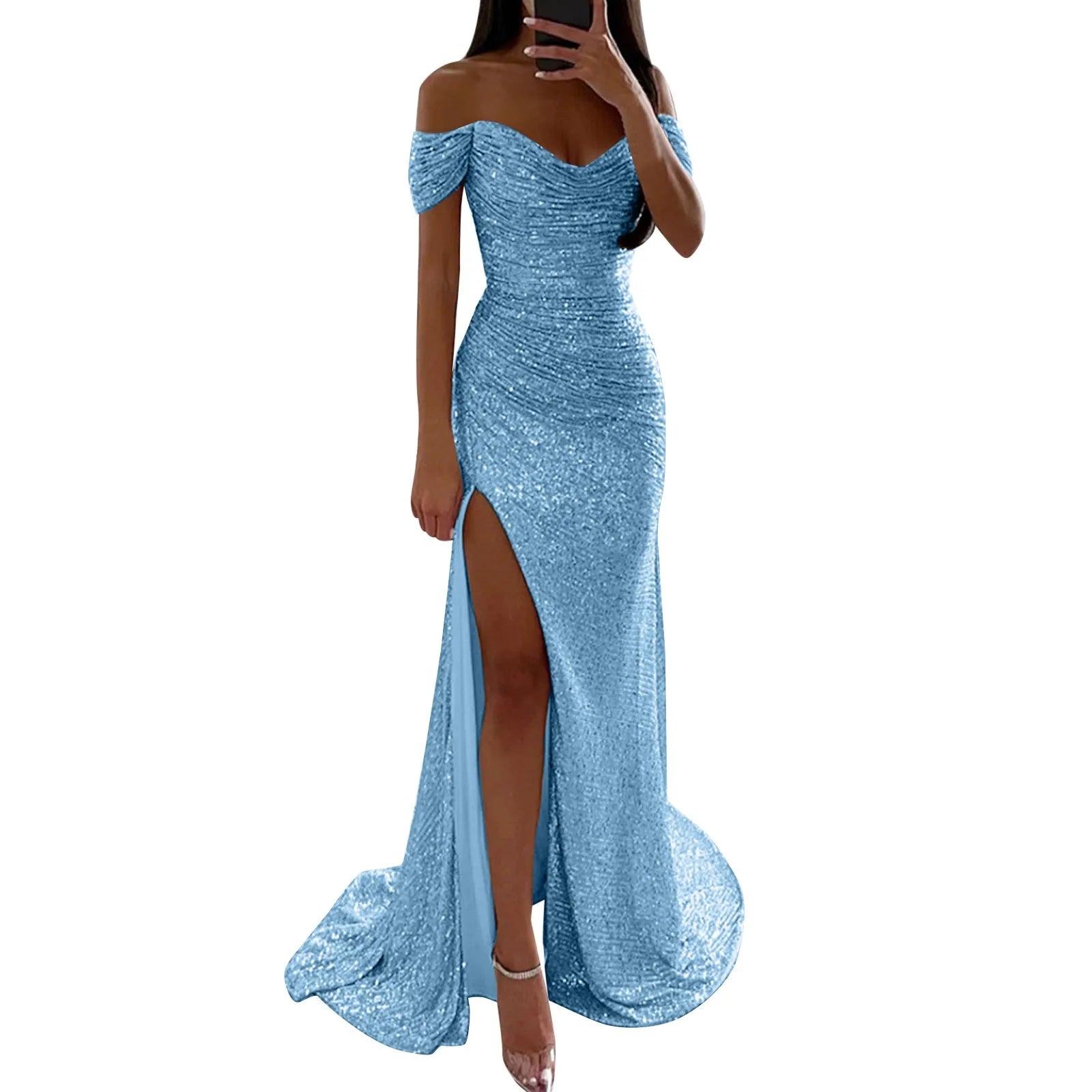 Women's Prom Party Sexy High Slit Dress Sequin Off The Shoulder Long Maxi Dress Short Sleeve Bodycon Elegant Night Dresses - Seprincess