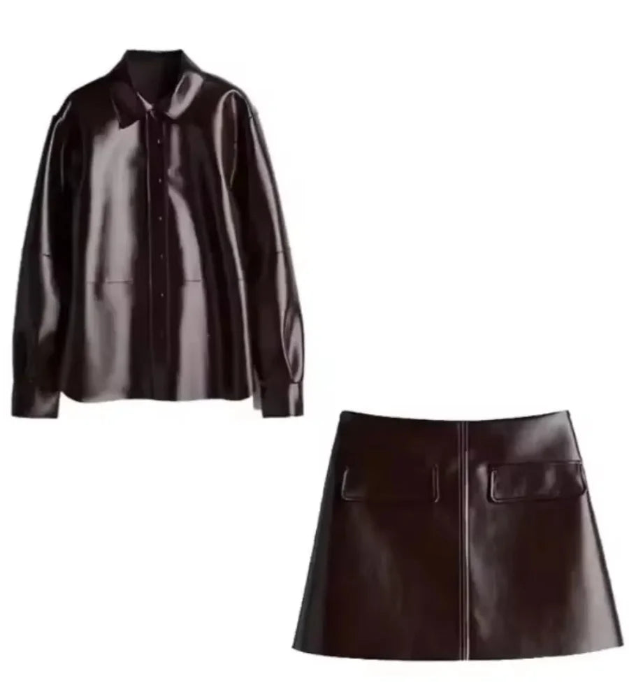 2024 Chic Burgundy Pu Leather Women's Mini Skirt Set Retro Slim Fit Lapel Single-breasted Jacket Suit Female High Street Outfits - Seprincess