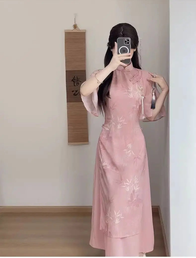 New Chinese Style Pink Qipao Dress 2024 Vintage Cheongsam Young Oriental Lady Evening Dress Summer Daily Vestido - Seprincess