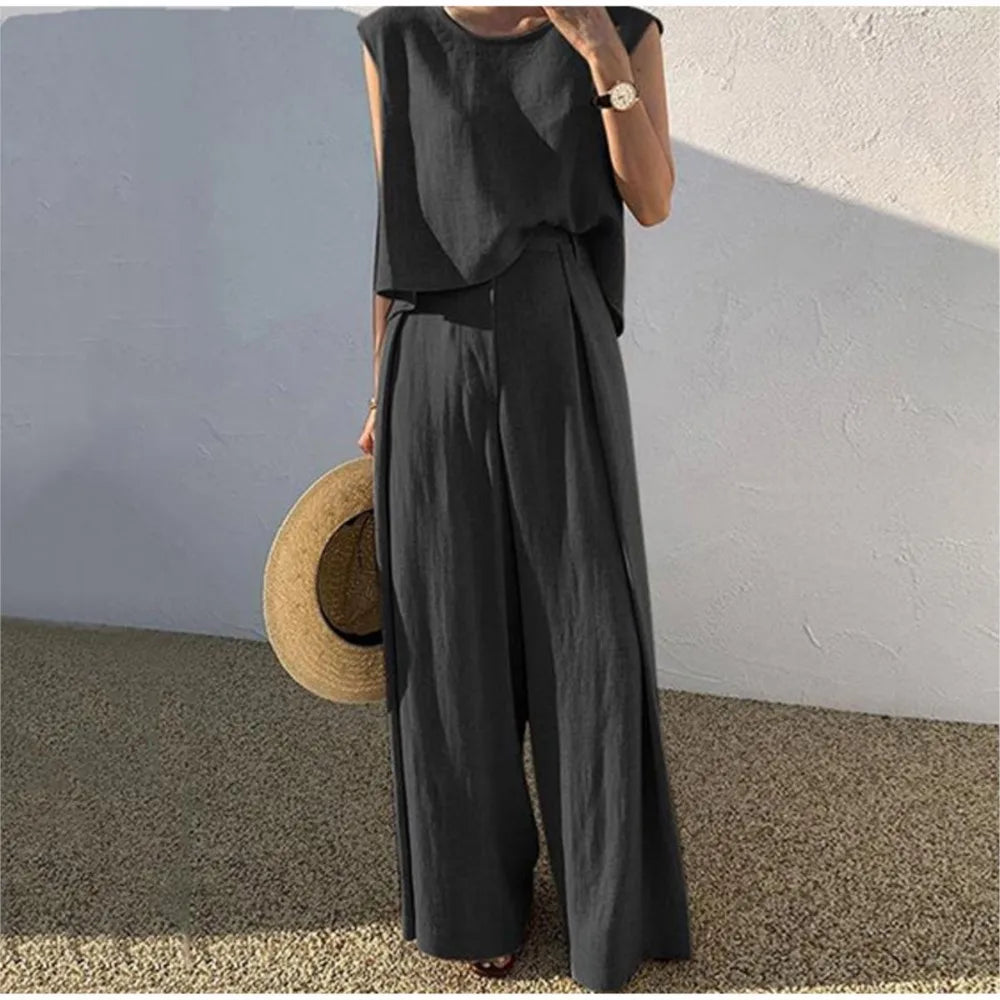 Elegant Cotton linen Women Suit Casual Loose Two-piece Sleeveless Top Wide-leg Pants Outfits Female Summer Solid Elegant Sets - Seprincess