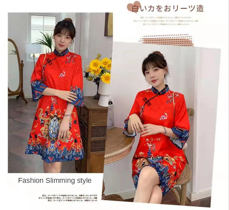 Red Blue Loose 2024 New Fashion Modern Chinese Cheongsam A-line Dress Women 3/4 Sleeve Qipao Traditional Chinese Clothes - Seprincess