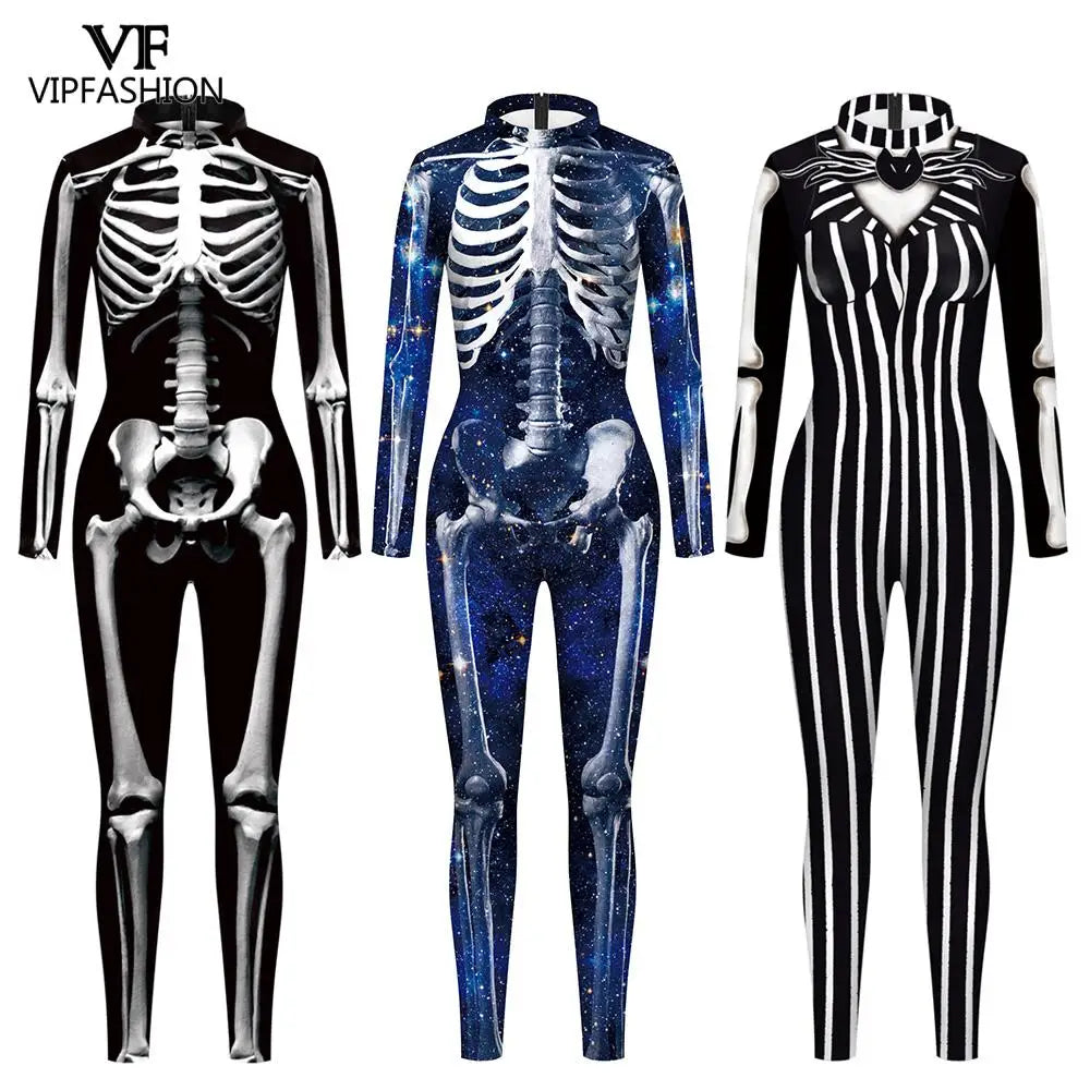 VIP FASHION Adult Skeleton Cospaly Costume Unisex Halloween Ghost Jumpsuit Carnival Party Zentai Bodysuit Scary Show Outfit Suit - Seprincess