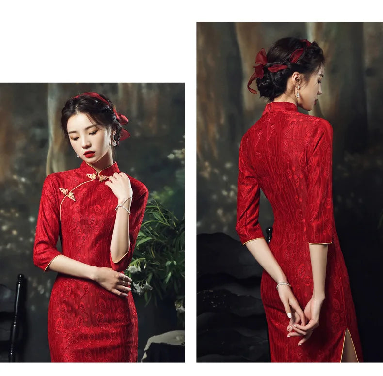 Chinese Style Long Dress Red  Slim Cheongsam Qipao Dress Wedding Party Hanfu Summer Lace - Seprincess