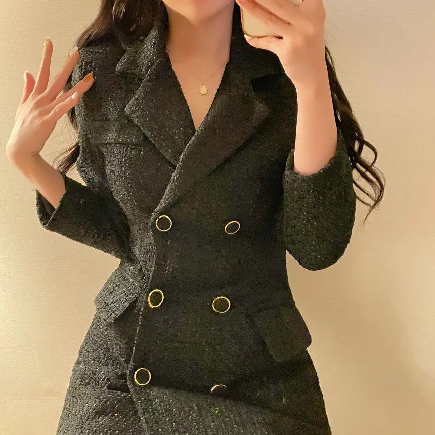 Elegant Tweed Blazer Dress Double Breasted Slim Short Dresses for Women Korean Fashion Office Lady Coat Dress Autumn Winter New - Seprincess