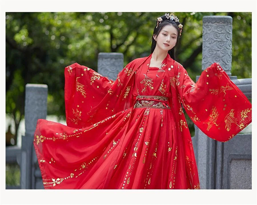 Chinese Hanfu Dress Women Traditional Vintage Hanfu Halloween Cosplay Costume Dance Dress Hanfu Gradient Red white 4pcs Sets - Seprincess