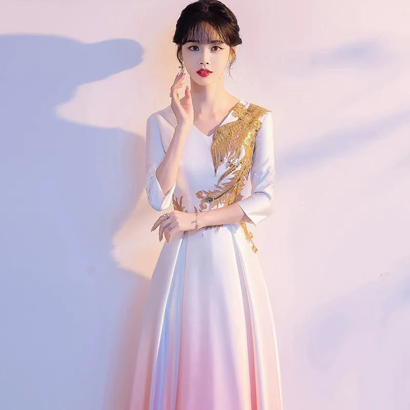 Fashion Gradient Evening Party Dress Cheongsam Sexy V-Neck Long Vestidos Host Choir Performance Dresses Female Oversize Qipao - Seprincess