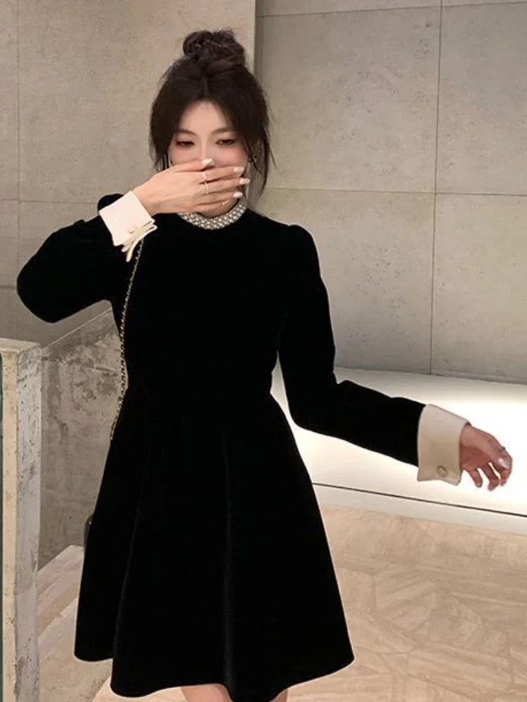 2024 Sweet Woman Party Dresses Korean Vintage Velvet Black Dress Patchwork Robe Elegant Clothes All Match Pearl Vestidos Mujer - Seprincess