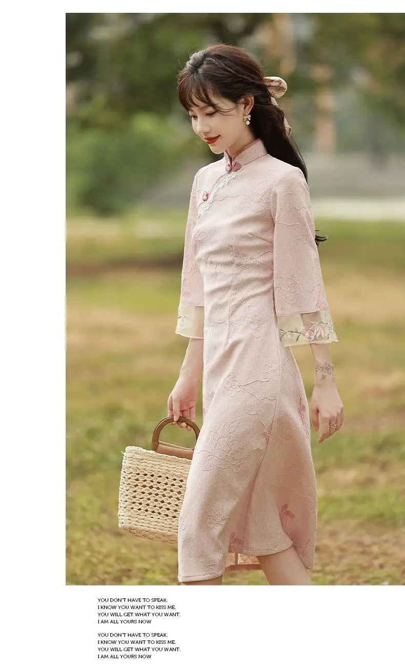 2023 New Pink Cheongsam Embroidery Lace Women Dress Vintage Long Improved Sleeve Chinese Traditional Qipao S To XXL - Seprincess