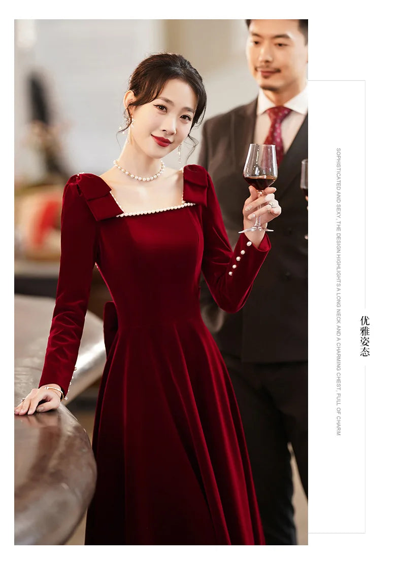 Burgundy Velvet Evening Dress Elegant Beaded Square Collar Engagement Dresses Temperament Bow Long Sleeve Formal Banquet Gown - Seprincess