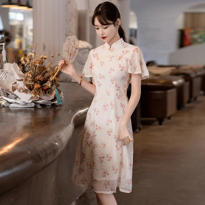 Summer Short Sleeve Qipao Fashion Modern Trend Ethnic Traditional Chinese Clothing Embroidery Cheongsam Dress for Women - Seprincess