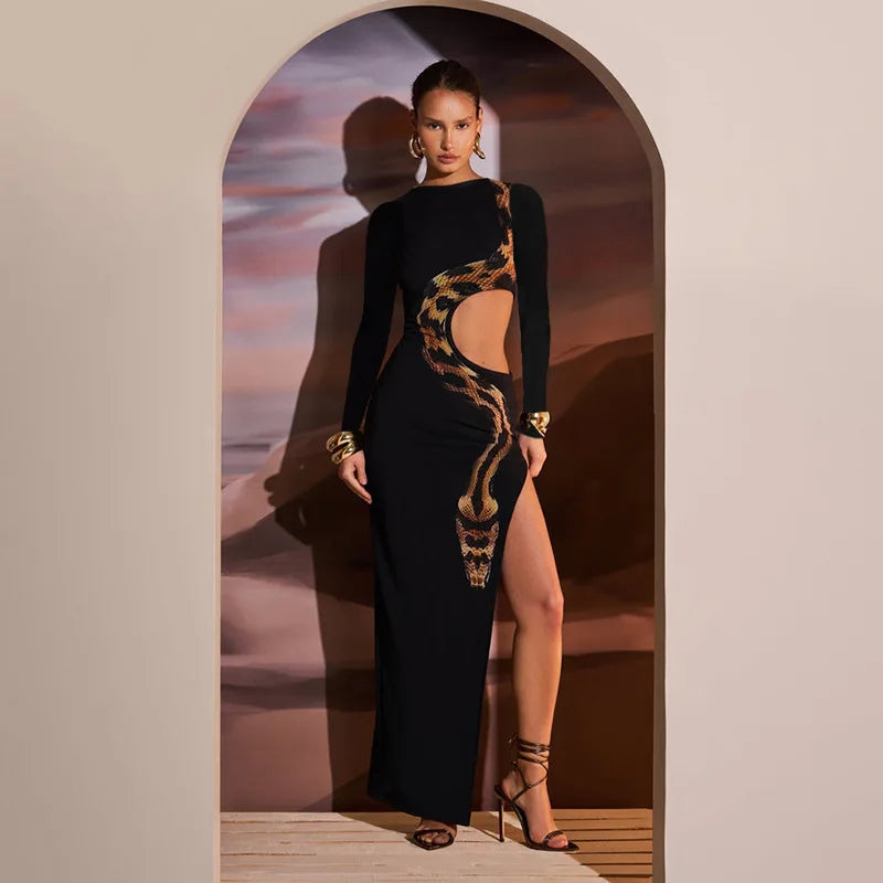 Autumn Winter Maxi Dress Women Fashion Snake Print Cut Out Slim Dresses Long Sleeve Sexy Split Holiday Party Dress 2024 Black - Seprincess