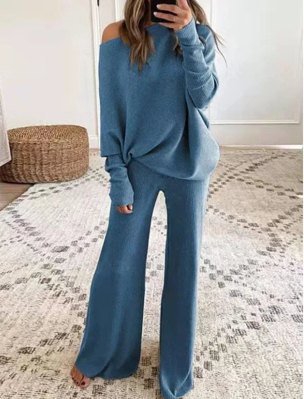 Fashion Long-sleeved Bateau Collar Top + Wide-leg Pants 2-piece Set Women Elegant Autumn Solid Color Knitted Loose Suit Female - Seprincess