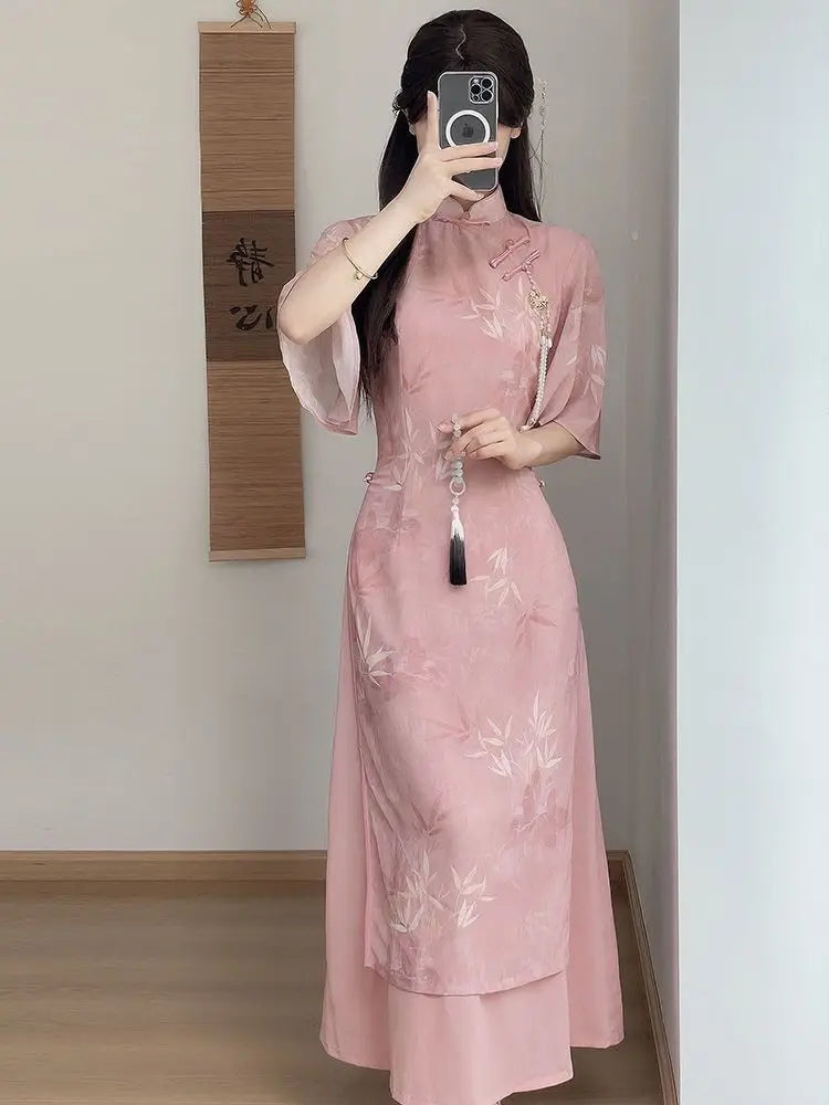 New Chinese Style Pink Qipao Dress 2024 Vintage Cheongsam Young Oriental Lady Evening Dress Summer Daily Vestido - Seprincess