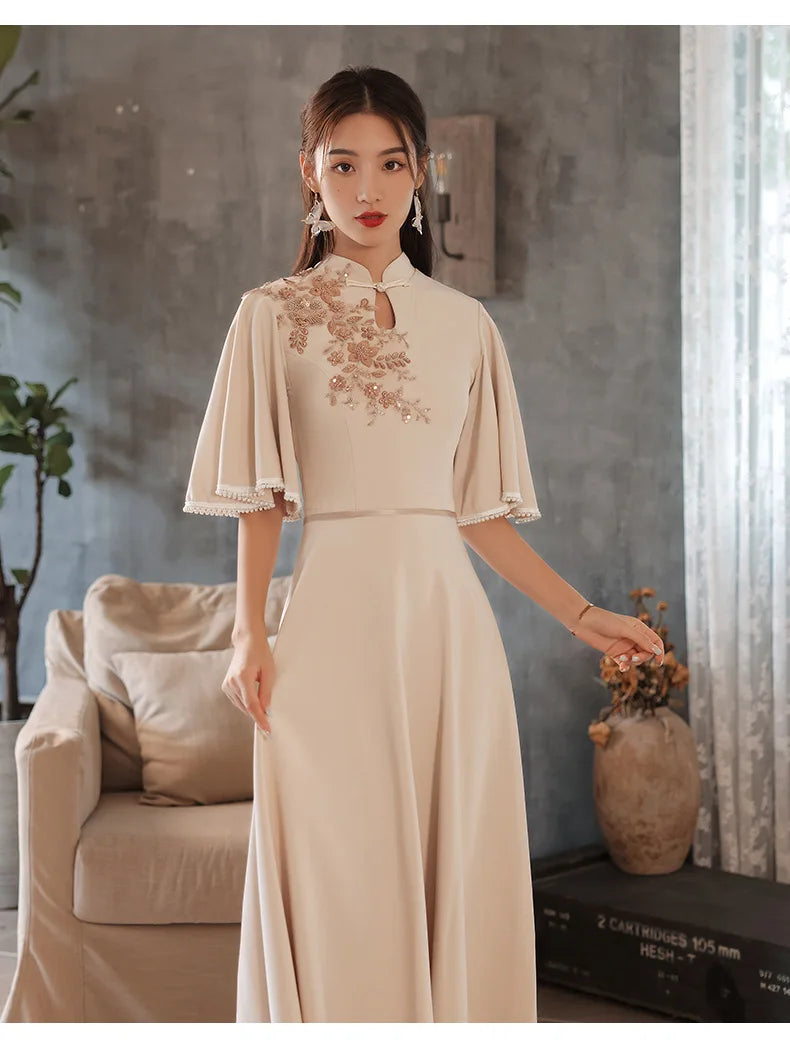 Slim A-line Mandarin Collar Qipao Female Chinese Styles Bridesmaid Dress Appliques Flower Pearl Cheongsam Party Prom Gown - Seprincess