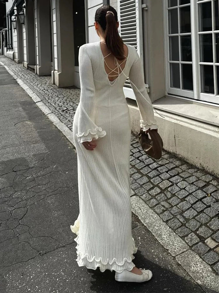 Women Elegant Ruffle Hem Knit White Long Dress O-neck Flare Long Sleeve Backless Bandage Dresses 2024 New Evening Party Robes - Seprincess