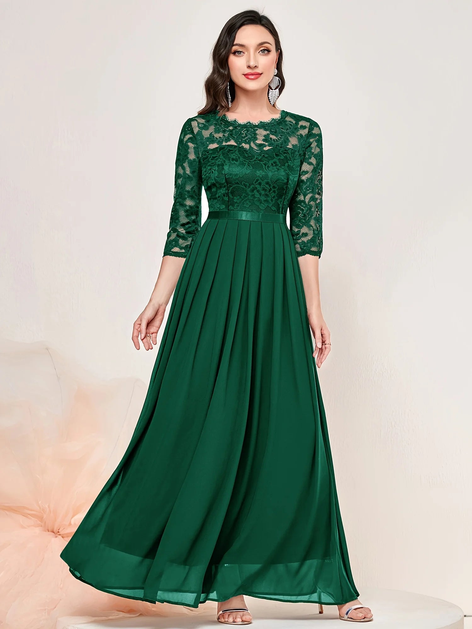 Contrast Lace Pleated Elegant Solid 3/4 Sleeve Party Maxi Formal Evening Dress - Seprincess