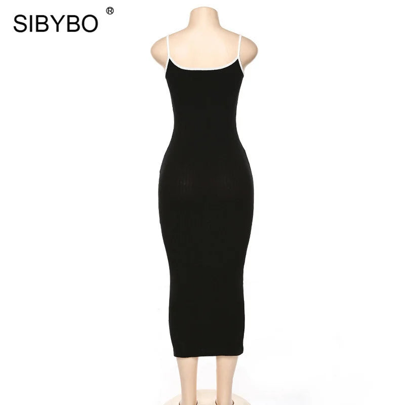 SIBYBO Ribbed Spaghetti Strap Cotton Dress Women Sleeveless O-Neck Summer Dress Solid Backless Long Party Dress - Seprincess