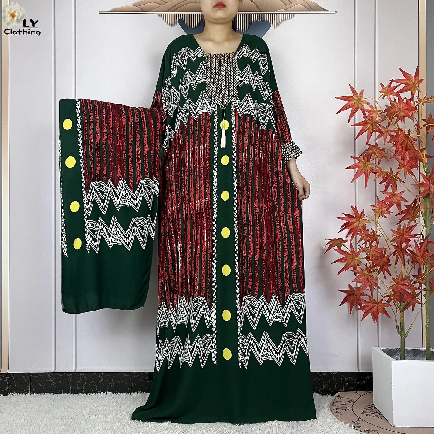 2024New Dubai Party Dress Muslim Femme Long Sleeves Printing Sequins Loose Boubou Maxi Islam Women Cotton African Abaya Clothing - Seprincess