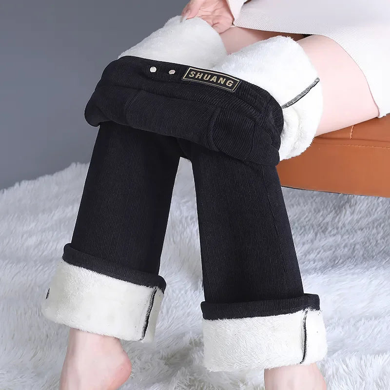 Winter Warm Thicken Slim Flare Pants Women Casual Velvet Lined Elastic High Waist Pantalones Snow Wear Plush Calcas Feminina New