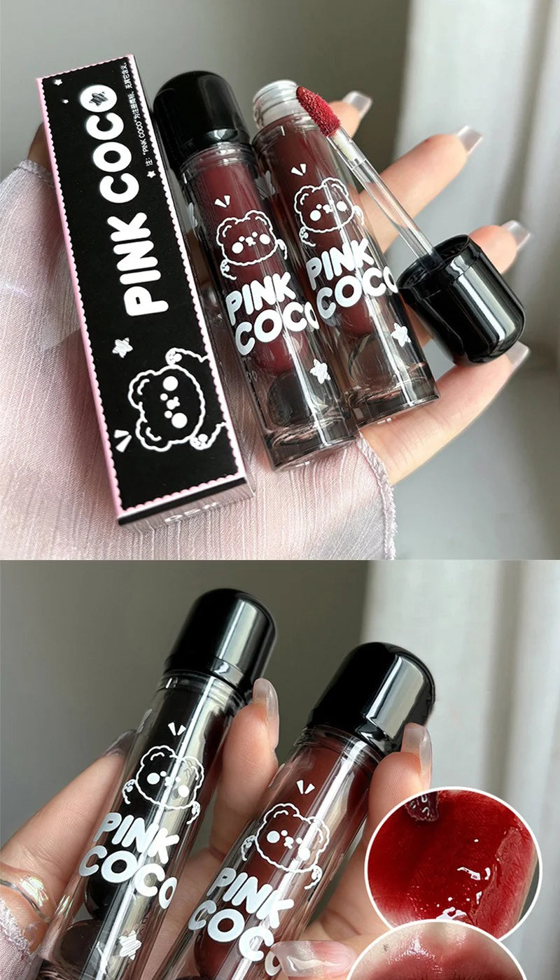 PINKCOCO Bear Doodle Mirror Lip Glaze — Long-Lasting Shiny Lip Gloss, Student-Friendly, Skin-Brightening Nude Lipstick - Seprincess