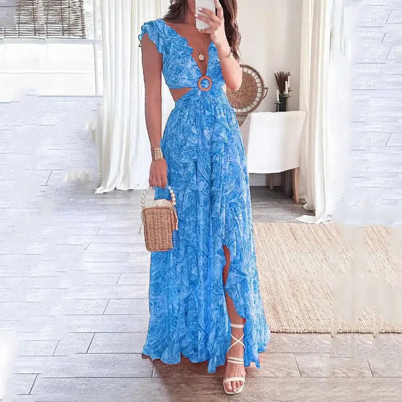 2024European And American Clothing Summer Fashion New Printed Hot Girl Style Deep V Sexy Waist-exposed Long Pleated Casual Dress - Seprincess