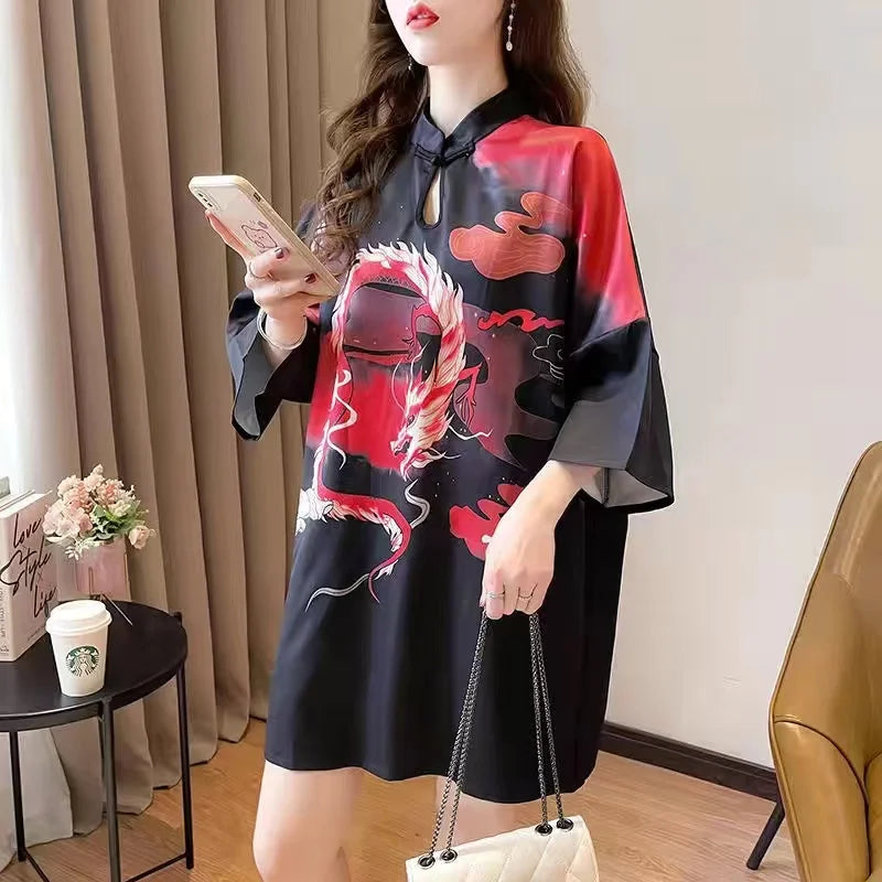 Chinese Fashion Print Dress Women Summer Long Sleeve National Style Cheongsam 2022 Modern Improve Vintage Elegant Loose Qipao - Seprincess