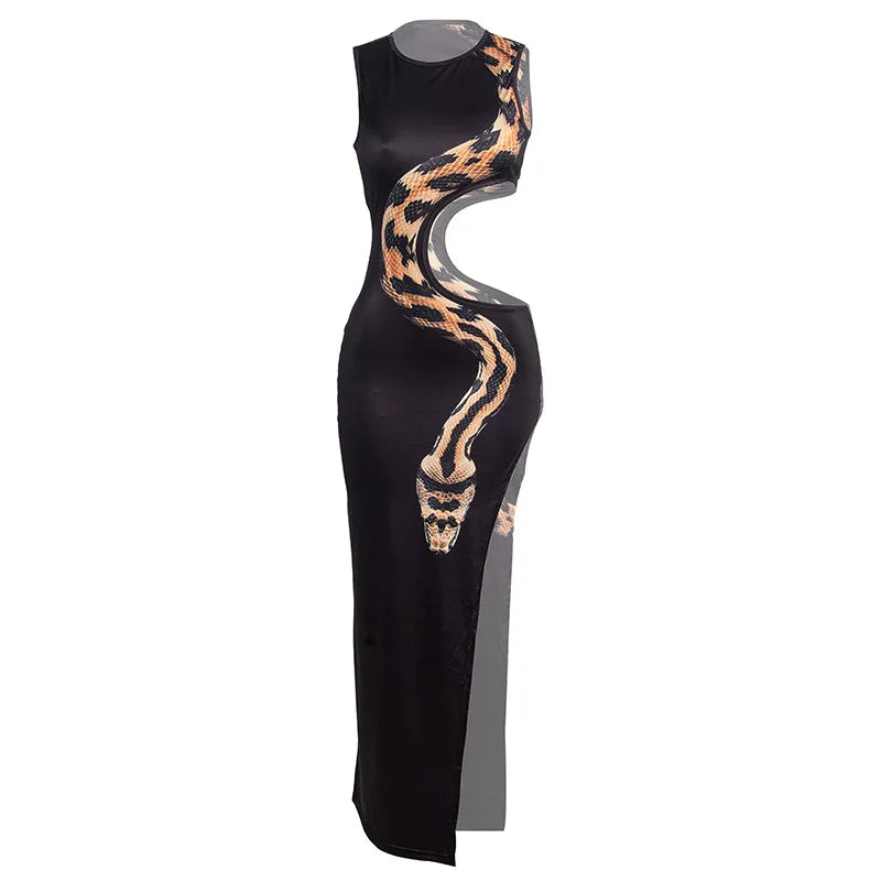 European and American 2024 summer new round neck sleeveless snake print navel-exposed hollow slit long dress - Seprincess