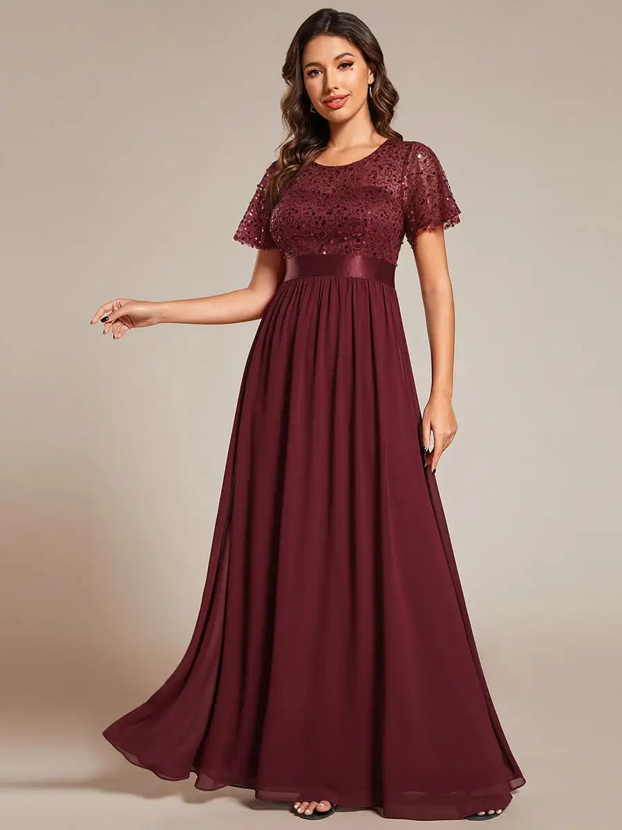 Elegant Evening Dresses Round-Neck Sequin High Waist Short-Sleeved Formal 2024 Ever Pretty of Burgundy Bridesmaid dress - Seprincess